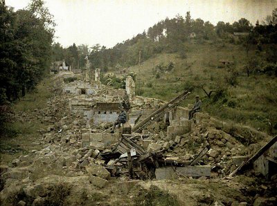 Three Soldiers in the Ruins of the Glass Factory, Vauxrot, Cuffies, Aisne, France by Fernand Cuville